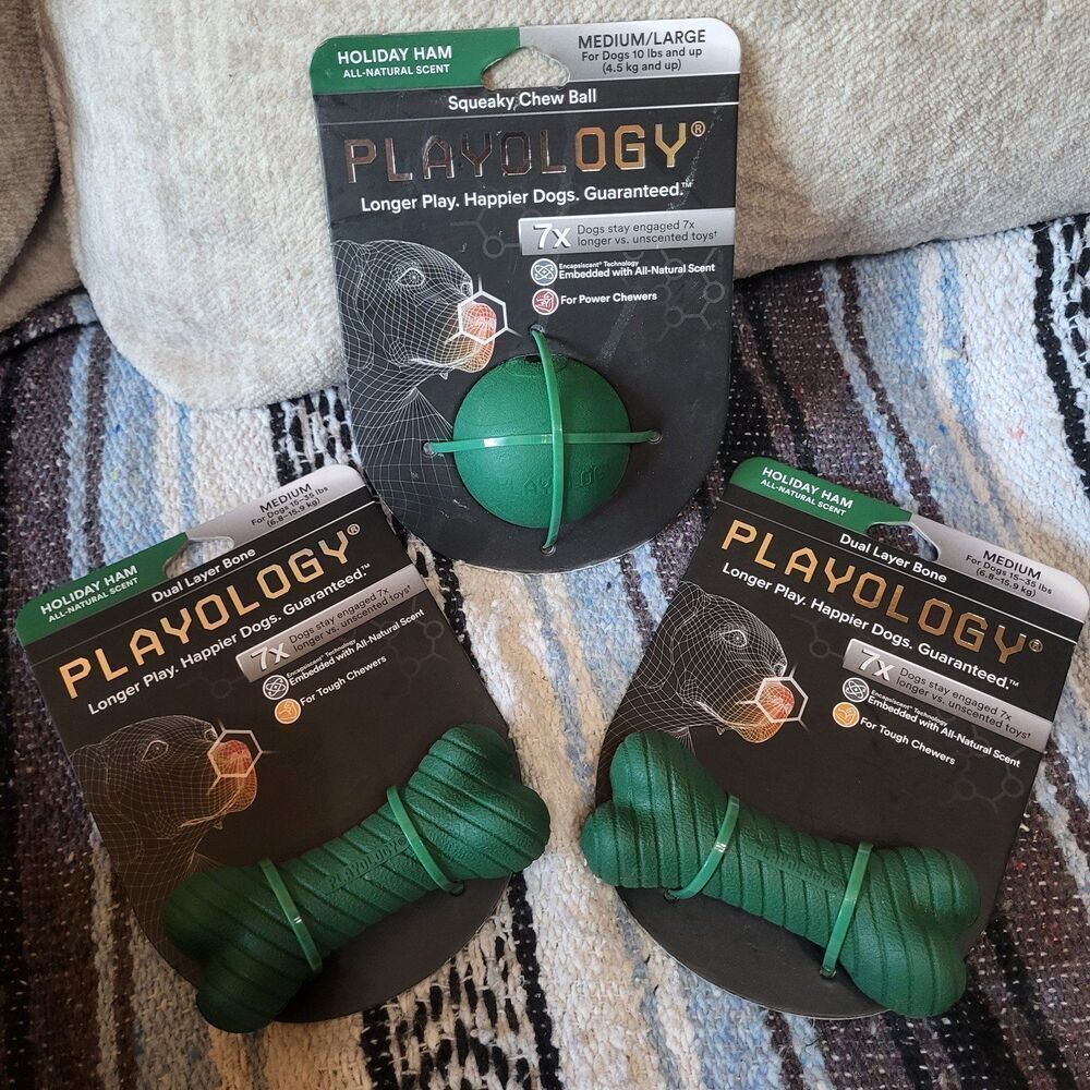 Set of 3 Playology Dog Toys in Holiday Ham Scent